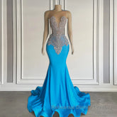Ocean blue sleeveless mermaid Semi Formal Prom Dresses with long beadings